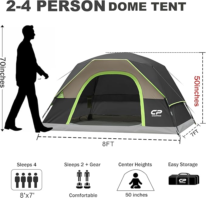 CAMPROS CP Camping Tent 2/4/6 Person, Waterproof Windproof Double Layer Dome Tent, Easy Setup with Large Mesh Windows & Wide Door for Outdoor Camping Backyard