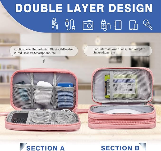 CAAORDKSO Electronics Accessories Organizer Pouch Bag, Electronic Organizer Travel Case, Tech Pouch, Travel Essentials for Women, Cable, Cord, Phone, Charger, Power Bank, Earphone (Light Pink, Large)