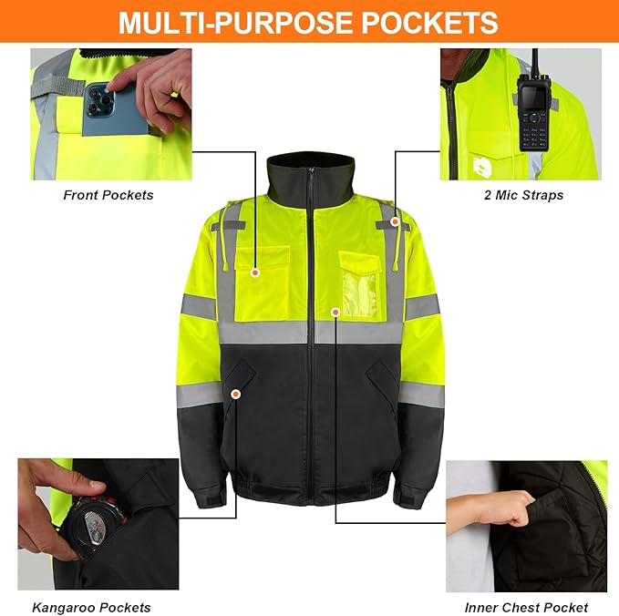 HYCOPROT Hi-Vis Safety Jacket for Men High Visibility Reflective Bomber Winter Waterproof Work Construction Coat ANSI Class 3