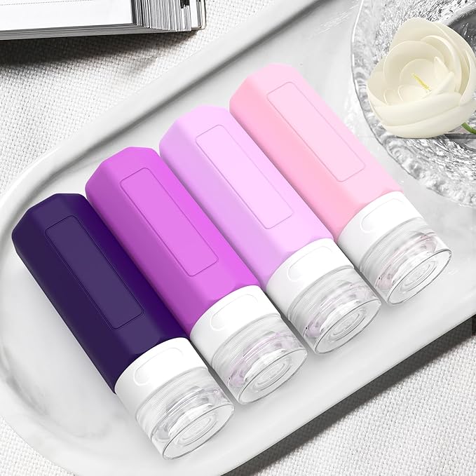 Redfly Travel Bottles for Toiletries, Tsa Approved 3oz Travel Size Containers, Leak Proof Travel Size Toiletries Bottles Silicone, BPA Free Refillable Essentials for Shampoo Conditioners, Purple