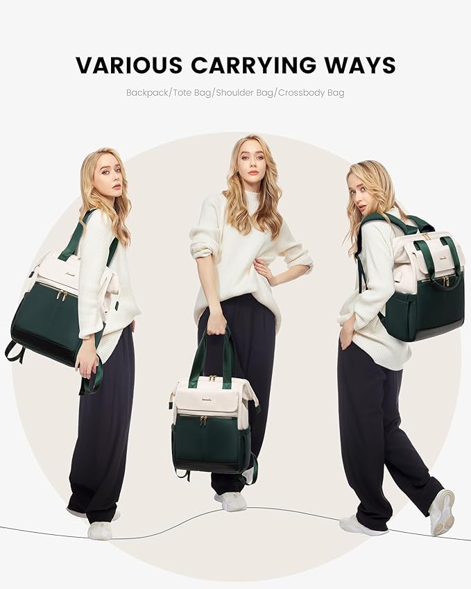 LOVEVOOK Laptop Backpack for Women, 15.6 Inch Work Laptop Bag with USB Port, Fashion Teacher Nurse Backpack Purse, Waterproof Travel Computer Backpack with Organizer Bag, 2PCS, Beige-Green