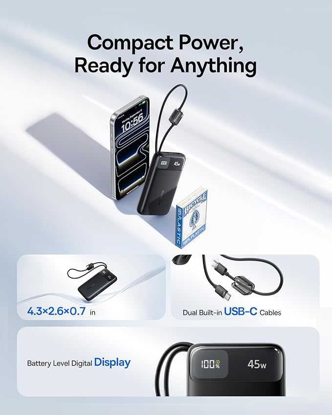Baseus 45W Ultra Slim 10000mAh Power Bank Built-in USB-C Cables, CCC Certified Portable Charger, Travel Essential Fast Charging Pocket Size Phone Battery Pack for iPhone 17 16 Samsung S25 S24 iPad