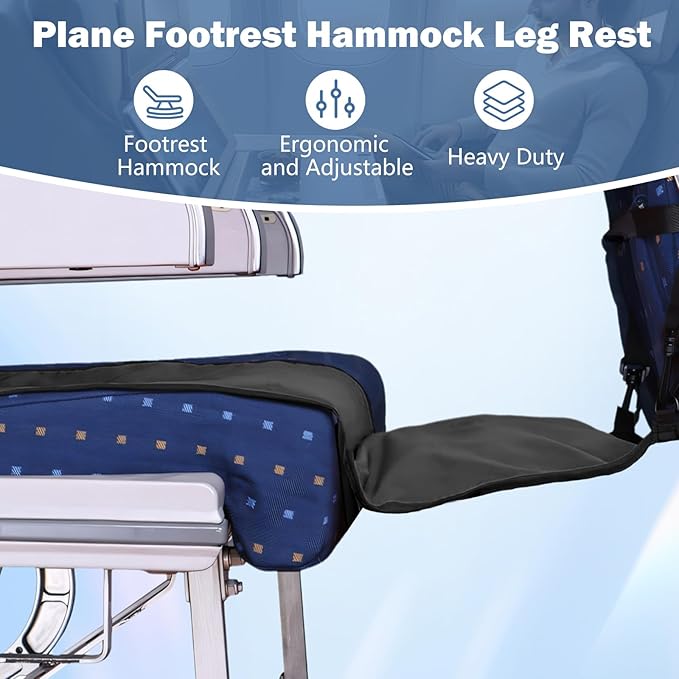 Plane Footrest Hammock Leg Rest Seat Cover Heavy Duty with Inflatable Pillow Ergonomic Adjustable for Trains Bus Flying Travel Flights, Black