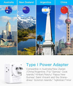 Australia New Zealand Power Plug Adapter, US to Australia Travel Adapter with 3 American Outlets 3 USB Ports (2 USB C), Type I Plug Adapter Travel Essentials for USA to Australia, Argentina, China