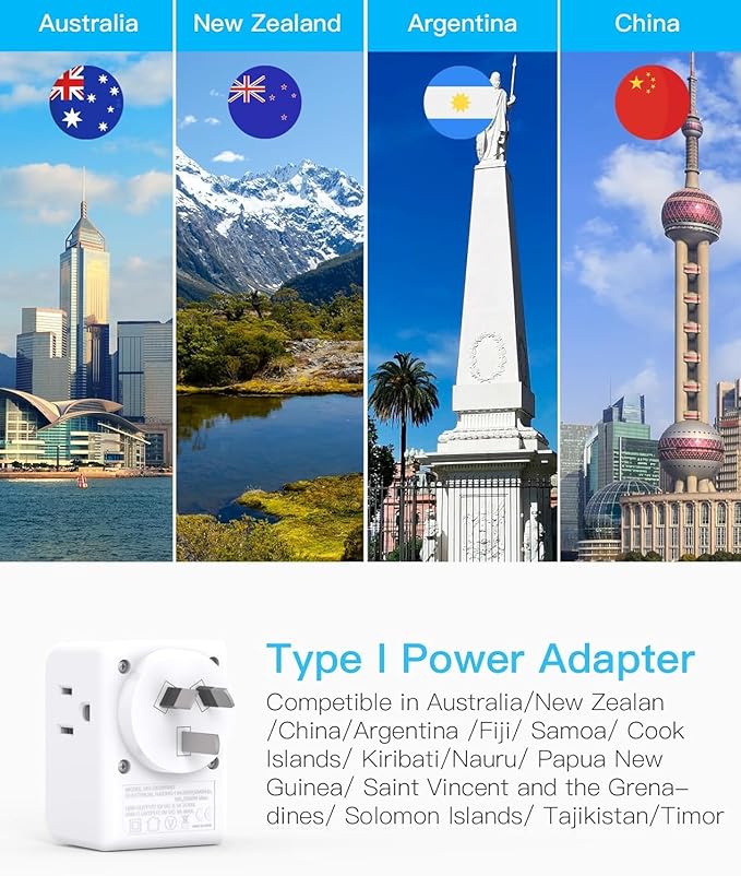 Australia New Zealand Power Plug Adapter, US to Australia Travel Adapter with 3 American Outlets 3 USB Ports (2 USB C), Type I Plug Adapter Travel Essentials for USA to Australia, Argentina, China