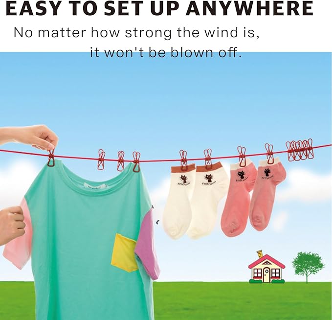3.8M Travel Clothesline with 22 Clothes Clips, Retractable Portable Clothesline, Multifunctional Clips for for Camper Hotel Room Clothes, Books, Indoor and Outdoor, Colorful
