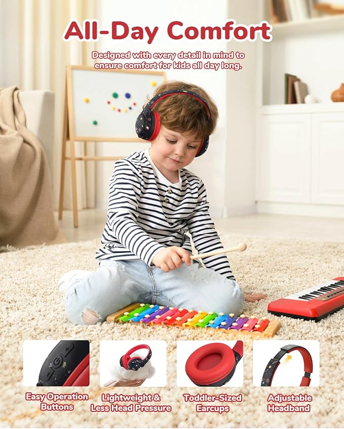 iClever BTH27 Toddler Headphones for 2+ Year Old-CPC Certified, 75/80dBA Safe Volume Limited, 74H Playtime, Bluetooth 5.4, BPA Free, Kids Bluetooth Headphones Aux Cord for Travel iPad, Black