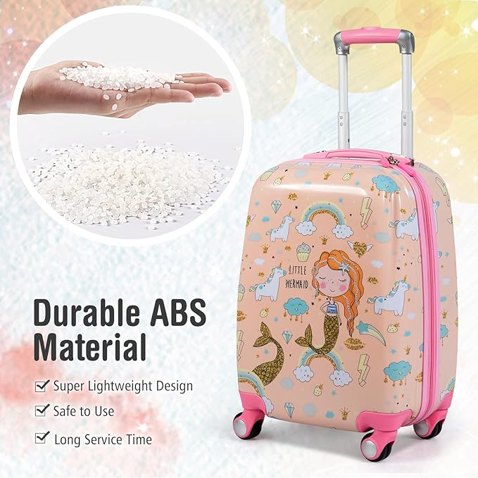 BABY JOY 2 PC Kids Carry On Luggage Set, 18" Toddler Trolley Case & 12" Backpack with Hard Shell & Rolling Wheel Design, Kids Suitcase for Boys Girls (Mermaid)