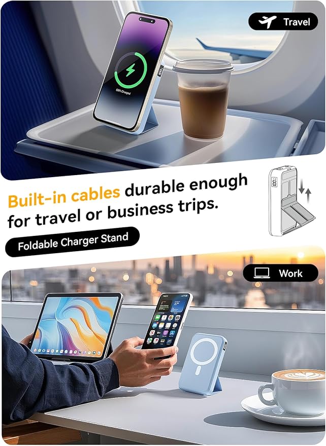 Magnetic Portable Charger, 10000mAh Wireless Power Bank with 20W USB-C Fast Charging, Foldable Stand & LED Display Magnetic Battery Pack, Compatible with iPhone 17/16/15/14, Sky Blue
