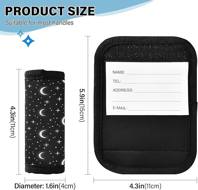 White Moons Stars Black Suitcase Handle Wraps with Writable Luggage Tags, 5.9 x 4.3 Inches Durable Polyester 2 Pack Luggage Handle Wraps for Backpack Strap Pads