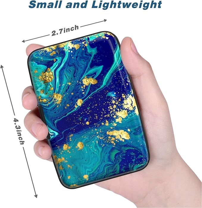 Credit Card Holder, Mini Aluminum Card Wallet RFID Blocking Slim Metal Hard Card Case for Women Men, Blue Green Marbling