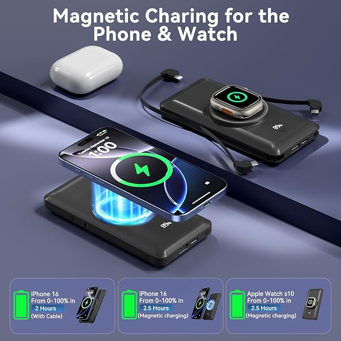 Magnetic 10000mAh Portable Charger for iWatch & iPhone, PD Fast Charging Wireless Power Bank Built-in Cables and Wall Plug, External Travel Battery Pack Compatible with iOS Android Phones