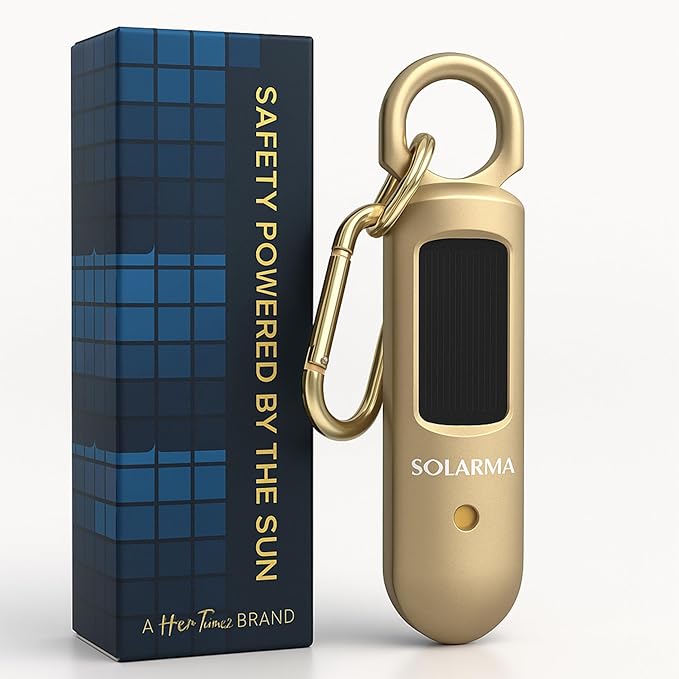 HerTime2 Personal Safety Alarm for Women - Loud Self Defense Siren, Waterproof Keychain with Strobe Light - Solar Rechargeable, Gold