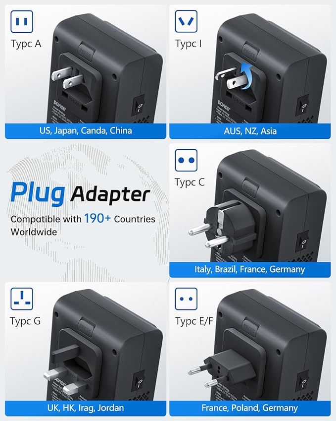 DOACE 220V to 110V Converter 350W Voltage Converter US to Europe for Hair Straightener/Curling Iron Converter for European Travel with 4-Port USB Charging and UK/AU/US/EU Worldwide Plug Adapter
