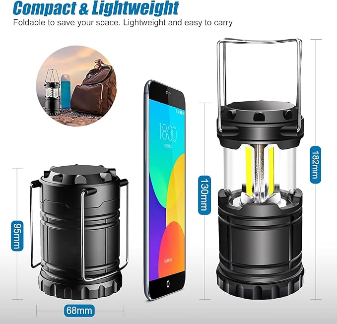 EXTRASTAR 2 Pack LED Battery Operated Lights, Portable Survival Battery Powered Lamp, Camping Lantern, Suitable for Hurricane, Emergency, Storm, Outages, Outdoor Collapsible Lanterns, Black