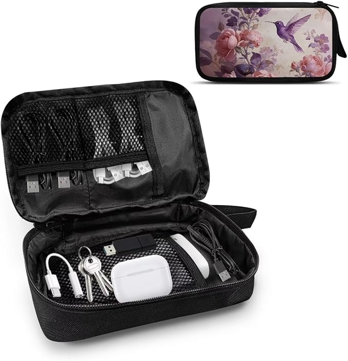 Purple Hummingbird Cord Organizer Travel Portable Electronic Organizer Travel Case Tech Pouch for Cable Cord Charger Phone Earphone Power Bank