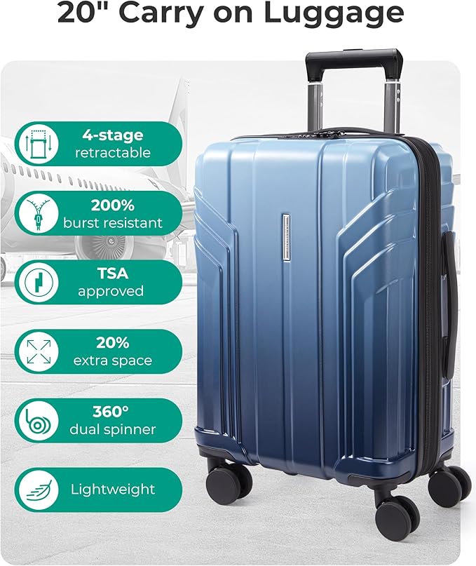 BAGSMART Expandable Carry On Luggage 22x14x9 Airline Approved, 20 Inch Travel Luggage with Spinner Wheels, Lightweight Hard Shell Suitcase Carry on Gradient blue