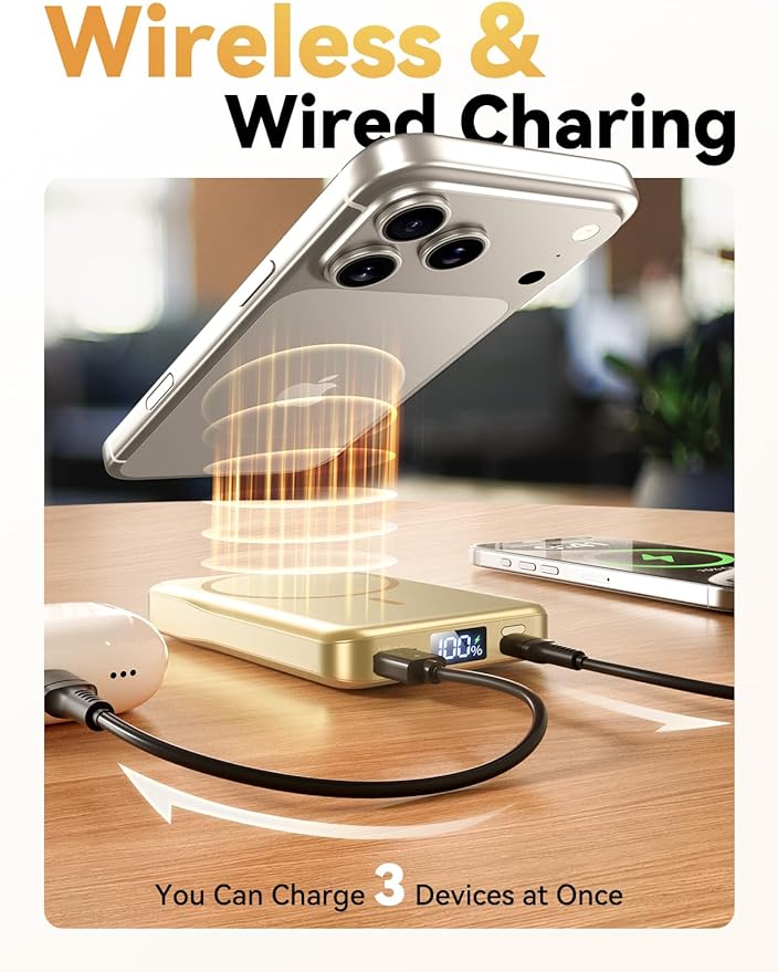 Aobbow Magnetic Portable Charger, 10000mAh MagSafe Battery Pack with LED Display, 20W USB-C Fast Charging Power Bank, Travel Essentials Wireless Charger for iPhone 17/16/15/14/13/12, Golden