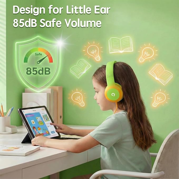 ADOOPE Wired Kids Headphones with USB C Plug, 85dB Safe Volume, Adjustable Headband, Tangle-Free Cord Headphones for School, Tablet, Travel (Lime Green & Orange, Without Microphone)