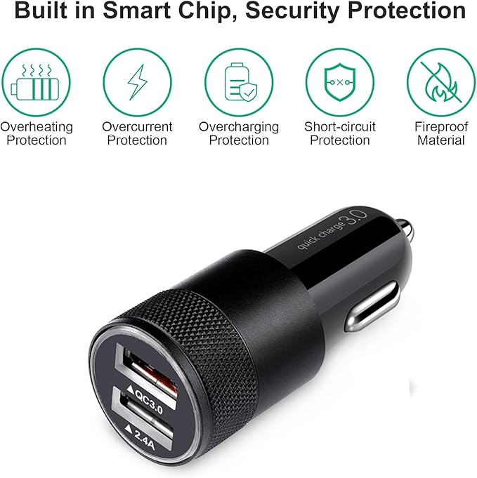 Fast Car Charger, Quick Charging 5.4A/30W Phone USB Adapter Rapid Plug 2 Port Cigarette Lighter Auto Charger Flush Compatible Samsung, Tablet, iPhone, iPad, LG, Automobile