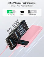 Portable Charger, 10000mAh 22.5W Fast Charging Power Bank with 4 Built-in Cables, Travel Essentials Battery Pack with LED Display, 6 Outputs Charging Bank Compatible with iPhone, iPad, Samsung Pink