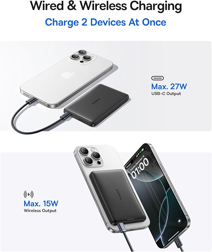 Baseus Picogo Magsafe Portable Charger, Qi2 15W 0.5" Ultra Slim 10000mAh Wireless Power Bank, 27W Fast Charging Magnetic Battery Pack with USB-C for iPhone 17 Pro Max/17 Pro/Air/16/15/14/13/12