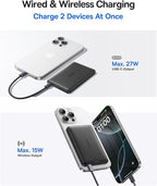 Baseus Picogo Magsafe Portable Charger, Qi2 Certified 0.5" Ultra Slim 15W Wireless Power Bank Bundle with Power Bank Fast Charging 67W, 10000mAh Small Portable Phone Charger Built-in Dual USB C Cables