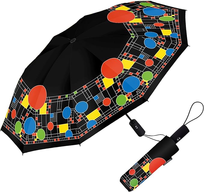 RainCaper Frank Lloyd Wright Windproof Auto Open Close 43” Coverage Folding Travel Umbrella with Matching Sleeve