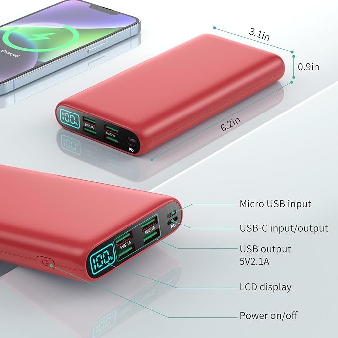 Portable Charger 38800mAh Power Bank with 5 Outputs & 2 Inputs,PD USB C In&Out Fast Phone Charging External Battery Pack Backup,Travel Essential Outdoor for iPhone 17/16/15,Android Samsung Galaxy-Red