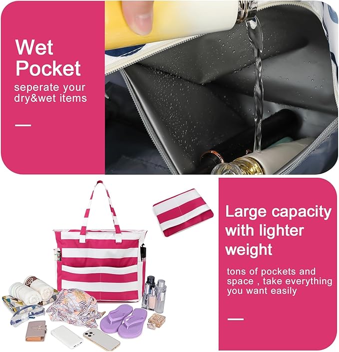 Bluboon Waterproof Beach Tote Pool Bags for Women Ladies Extra Large Carry On Bag With Wet Compartment for Weekender Travel