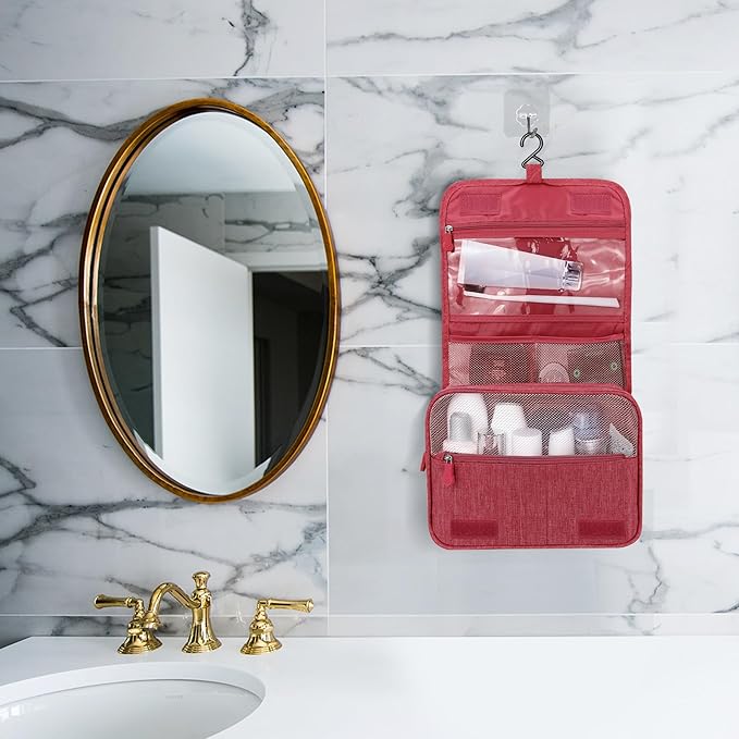 Lcsmaokin Large Capacity Toiletry Bag Travel Bag with Hanging Hook for Men and Women Waterproof Travel Cosmetic Bag Bathroom Storage Bag for Brushes Set, Full-Sized Shampoo, Toiletries, Wine Red