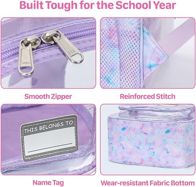 Bagseri Clear Backpack for Girls - 15 Inch Heavy Duty Kids Clear Bookbag for Kindergarten to Grade 2, Transparent School Bag with Reflective Strip, Fits Folders, Purple Tie-dye