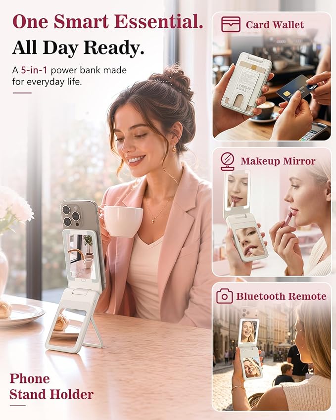 5-in-1 Magnetic Power Bank, 5000mAh Portable Wireless Charger with Mirror, Stand, Bluetooth Remote & Card Holder, MagSafe Compatible Travel Essential for iPhone & Samsung, USB-C Cable Included, Khaki