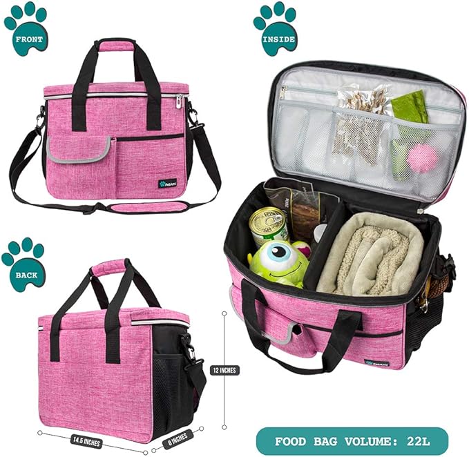 PetAmi Dog Travel Bag, Travel Pet Bag Organizer, Dog Food Travel Bag with Container Collapsible Bowls, Pet Travel Supplies Gift Accessories for Weekend Camping, Puppy Cat Diaper Bag, Pink Medium