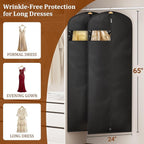 KIMBORA 65" Dress Bags for Gowns Long Garment Bags for Hanging Clothes with Clear Window, Foldable Wedding Dress Cover for Closet Storage and Travel (2 Packs, Black)