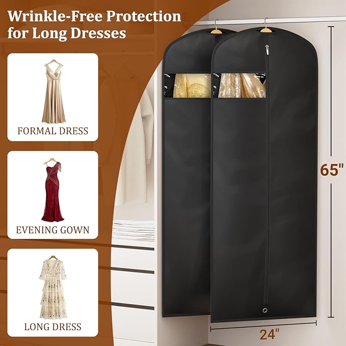 KIMBORA 65" Dress Bags for Gowns Long Garment Bags for Hanging Clothes with Clear Window, Foldable Wedding Dress Cover for Closet Storage and Travel (2 Packs, Black)