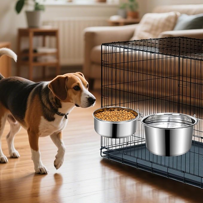 Large Dog Crate Water Bowl No Spill, 2 Pack Stainless Steel Dog Bowls for Food and Water, Pet Kennel Hanging Dogs Food Bowls for Medium/Large Dogs and Cats (7.1"x3.7" & 6.3"*2.6", Silver)