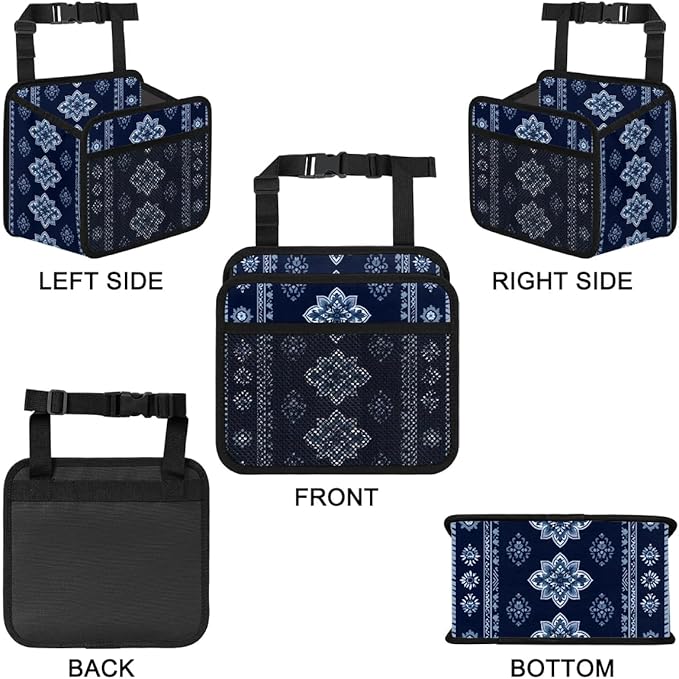 Car Backseat Organizer, PU Leather Back of Seat Cars Hanging Organizer with Pockets Leakproof Car Garbage Bags Hanging Car Seat Storage Box Travel Accessories Foldable (Tribal-floral Vintage Blue)