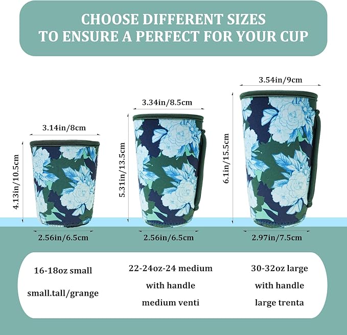 KJQJLY 3 Reusable Iced Coffee Sleeves for Iced Coffee Cups or Drinks Reusable Neoprene Insulated Sleeves for Hot and Cold Drinks from Starbucks, Dunkin, And More (Moonflower)