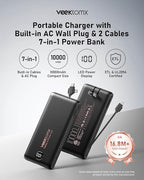 VEEKTOMX Portable Charger with Built in Cables 10000mAh, Power Bank for iPhone with AC Wall Plug, Fast Charging USB C Slim Battery Pack with LED Display Compatible with iPhone 17/16/15/14, Samsung