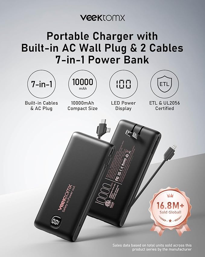 VEEKTOMX Portable Charger with Built in Cables 10000mAh, Power Bank for iPhone with AC Wall Plug, Fast Charging USB C Slim Battery Pack with LED Display Compatible with iPhone 17/16/15/14, Samsung