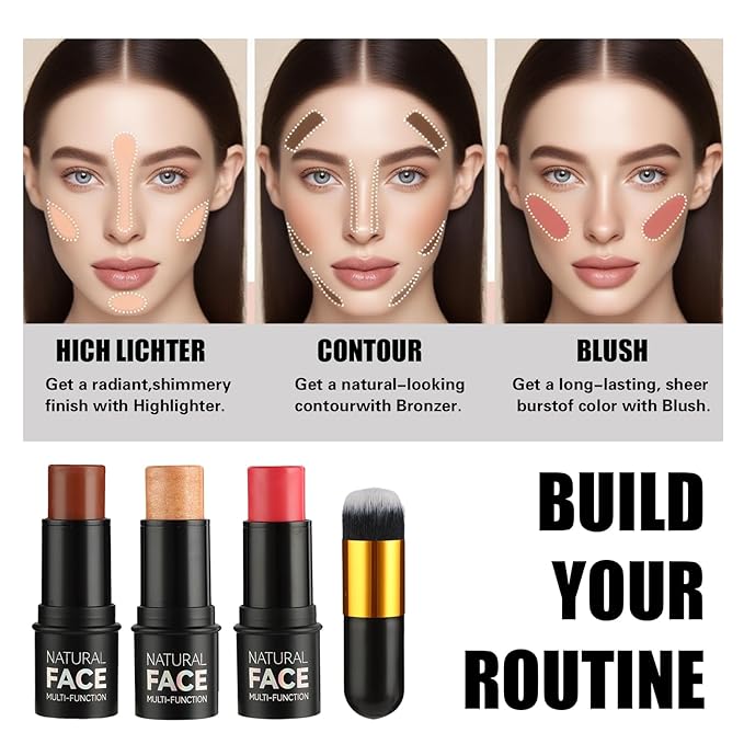 Badhare 3-in-1 Face Blush Stick, Highlighter Brush | 3 Shades Set | Waterproof, Sweatproof, All-Day Wear | Buildable Cream Stick for Face, Eyes, Lips (Sparkling Gold, Tipsy Rose, Amber Brown)