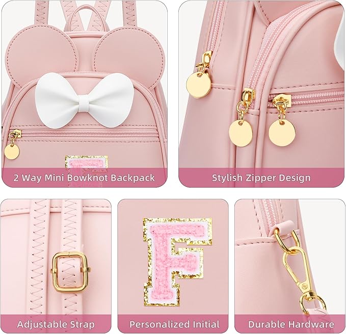 KKXIU Girls Initial Bowknot Cute Mini Backpack for Toddler, Travel Small Girl Backpacks, Personalized Birthday Gifts for Little Girls and Kids(F, Pink)