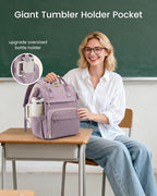 LOVEVOOK Laptop Backpack for Women with Giant Tumbler Holder Pocket,15.6 inch Waterproof Travel Backpack Purse Computer Laptop Bag,Professional Work College Nurse Teacher Backpack Daypack,Light Purple