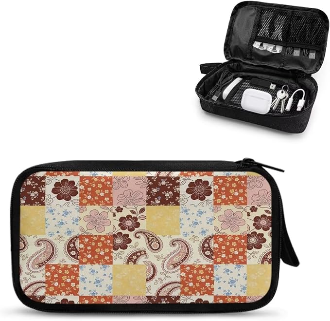 Patchwork Electronic Organizer Tech Accessory Pouch Electronic Accessories Carry Case Storage Bag for Cable Cord SD Card Travel Bag Cable Organizer