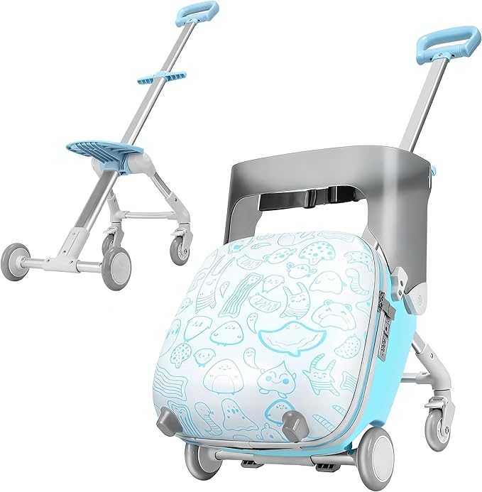Kids Ride-on Luggage with Seat, 20 inch Carry On Suitcase, 2-in-1 Children's Luggage with Shockproof Silent Wheels and Guardrail for Airplane & Travels