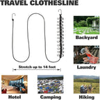 Portable Travel Clothesline, Adjustable Elastic Travel Camping Retractable Clothesline with 12pcs Clips for Outdoor and Indoor Use (Black)