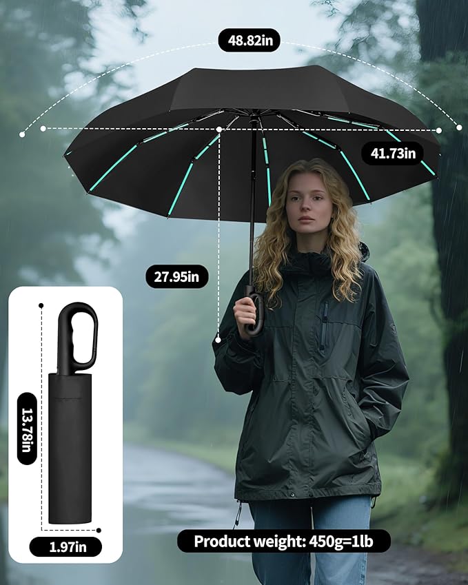 42-Inch Extra Large Umbrella for 2-3 People, Windproof Automatic Open/Close with Carabiner Handle, UPF 99+ UV Protection Folding Travel Umbrella for Rain and Sun