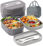 2 Layers Bento Box, All-in-One Stackable Lunch Container with Compartments, 64oz Leakproof Microwave Safe Dishwasher Safe Bento Box with Lunch Bag and Utensil Set for Kids and Adults