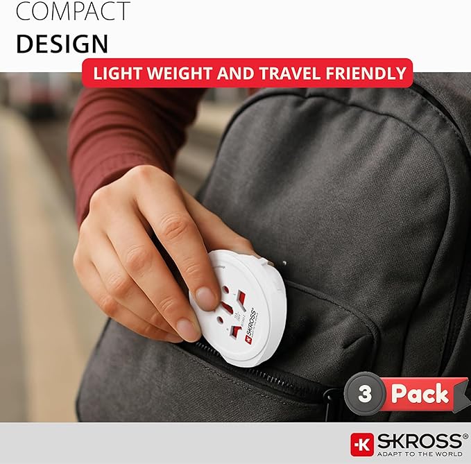 SKROSS World Travel Adapter Set 3-Pack — USA, UK & Europe Plug Adapters, Swiss-Engineered Country Travel Adapter Bundle, White